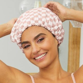 Kitsch Satin Lined Flexi Shower Cap in Terracotta Checker